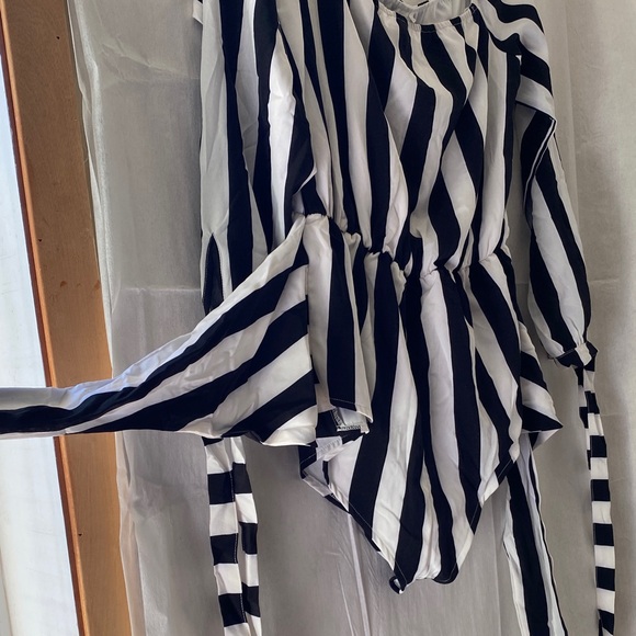 Black White Striped Women Jumpsuit High Waist elastic sleeves Halloween Costume - Picture 3 of 12